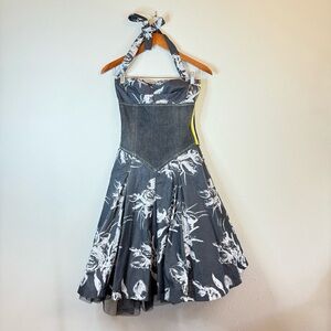 Miss Sixty Vintage Denim Top Floral Print Mini Dress Small NWT